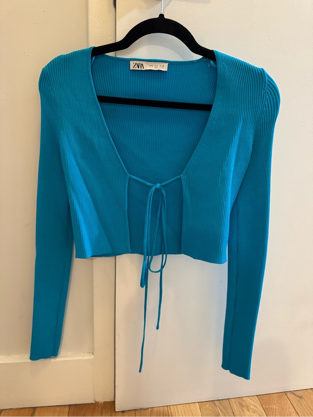 Zara Turquoise Ribbed Tie-Front Cropped Top